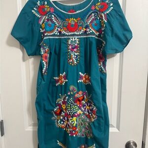 Teal Mexican Dress with Floral Embroidery